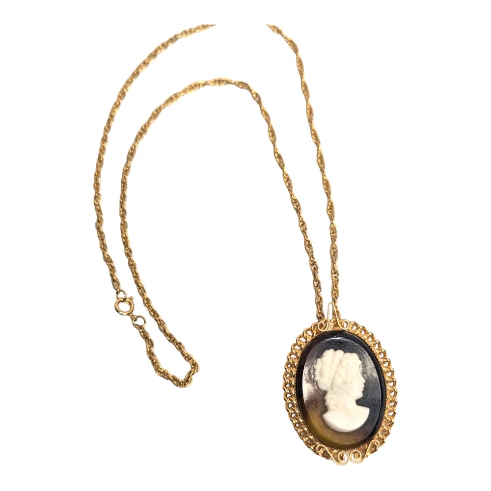 Paradise Cameo Pendant 24in Necklace Gold Tone Brooch Pin Victorian Style‎ Vtg